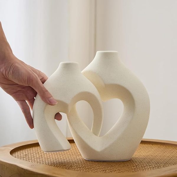 White Vases for Decor, Heart Shaped Ceramic Vase Set of 2, Nordic Heart Shaped Vases, Minimalist Decorative Vase for Table Centerpiece Wedding Dining Living Room Office House Decoration - Image 2