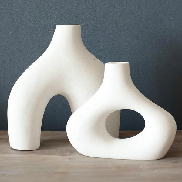 Carrot's Den Donut Vase, Set of 2 - White Large Ceramic Vase - Minimalist Nordic, Hollow | Table Centerpiece, Olive Plant, Wedding, Living Room, Bookshelf, Office, Modern Home, Entryway, Console - Image 3