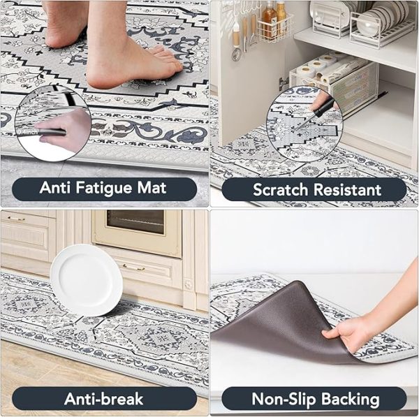 Kitchen Floor Mat Set of 2, Cushioned Anti Fatigue Kitchen Mat 17"x47"+17"x29", Non-Slip Waterproof Vintage Kitchen Rug, Premium PVC Comfort Kitchen Mats and Rugs for Kitchen, Office, Laundry（Grey） - Image 2
