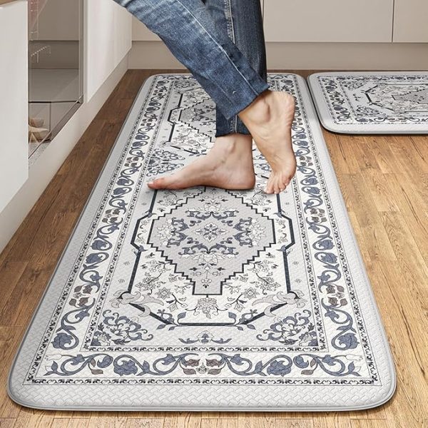 Kitchen Floor Mat Set of 2, Cushioned Anti Fatigue Kitchen Mat 17"x47"+17"x29", Non-Slip Waterproof Vintage Kitchen Rug, Premium PVC Comfort Kitchen Mats and Rugs for Kitchen, Office, Laundry（Grey）