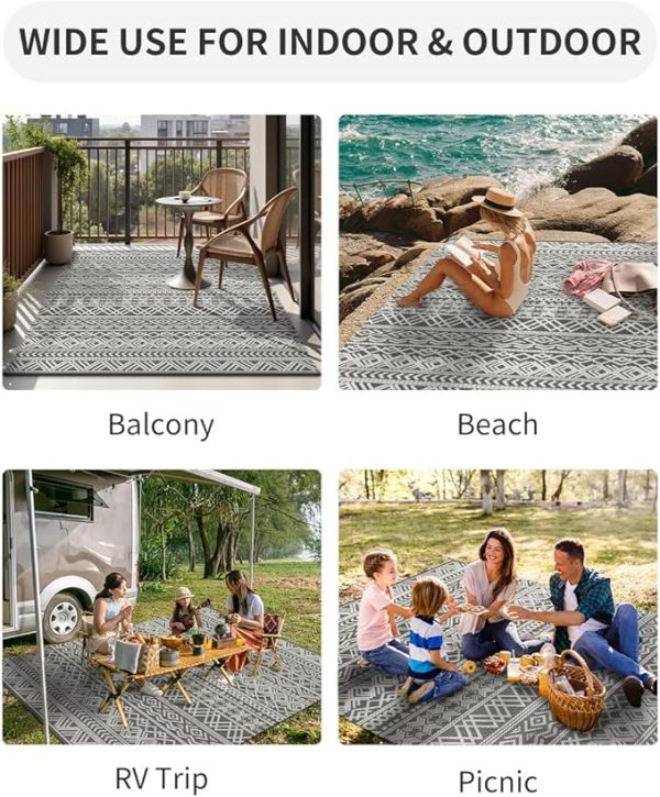 MontVoo Outdoor Rug Carpet Waterproof 5x8 Outdoor Patio Rug Mat Reverisble Plastic Straw Outdoor Rug for RV Camping Picnic Beach Balcony Boho Grey - Image 2
