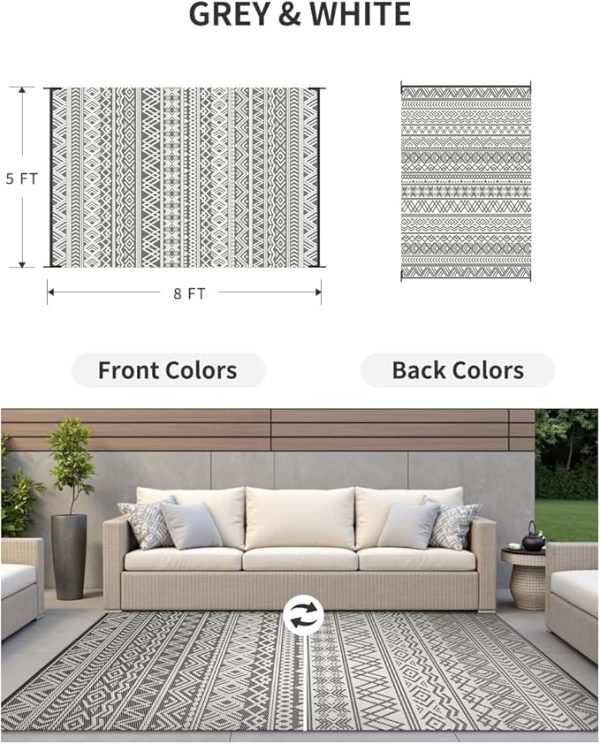 MontVoo Outdoor Rug Carpet Waterproof 5x8 Outdoor Patio Rug Mat Reverisble Plastic Straw Outdoor Rug for RV Camping Picnic Beach Balcony Boho Grey - Image 3